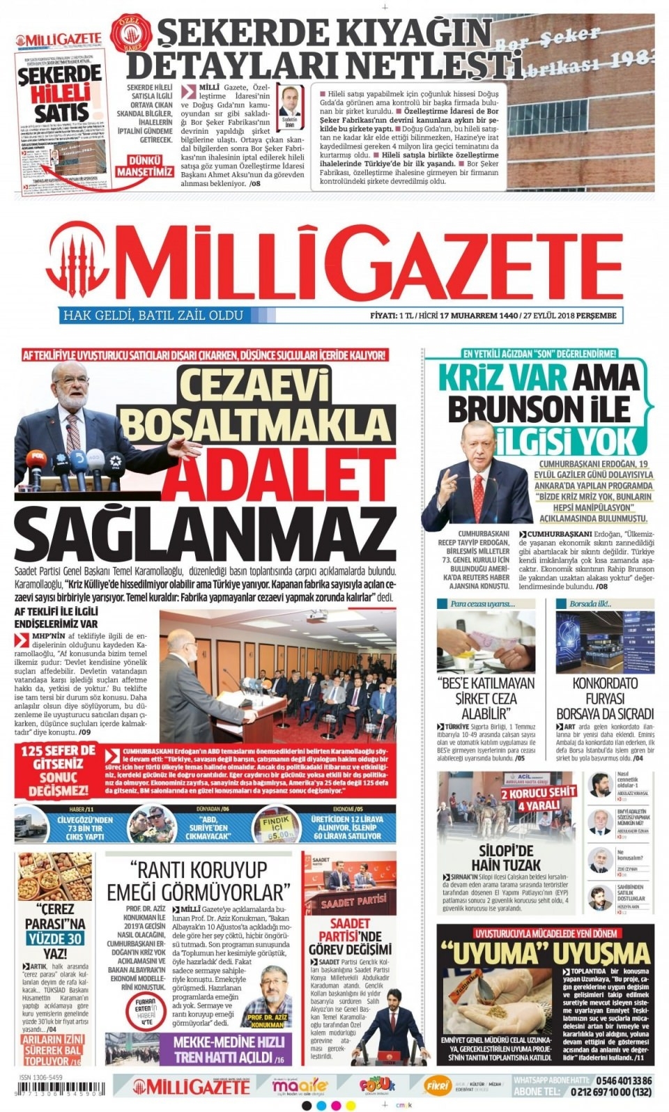 27 Eylül 2018 gazete manşetleri 9