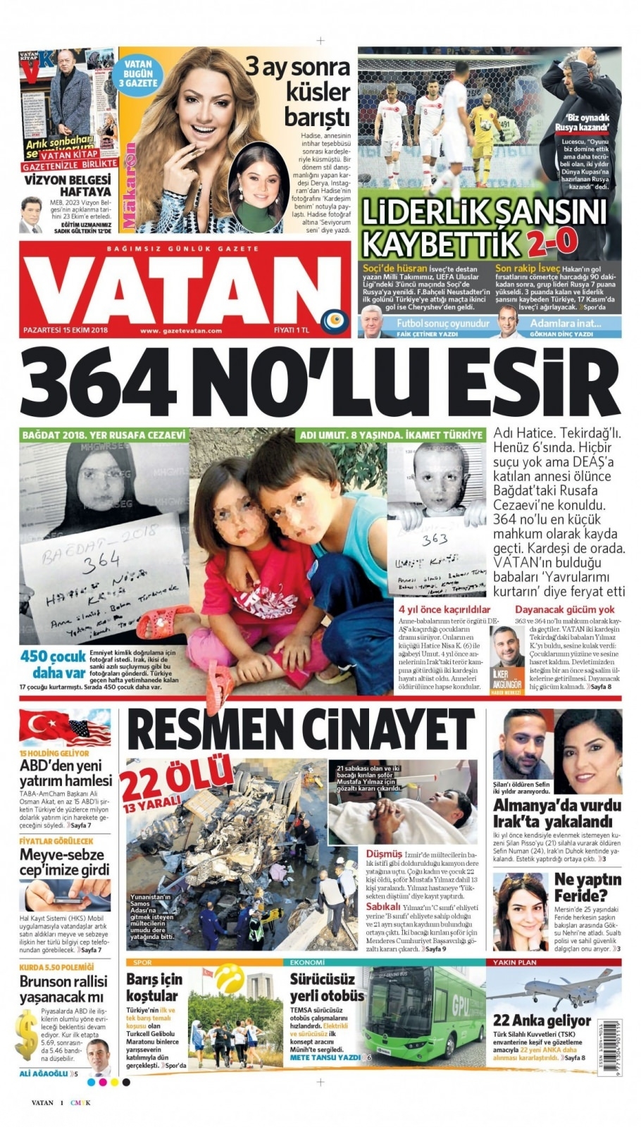 15 Ekim 2018 gazete manşetleri 12