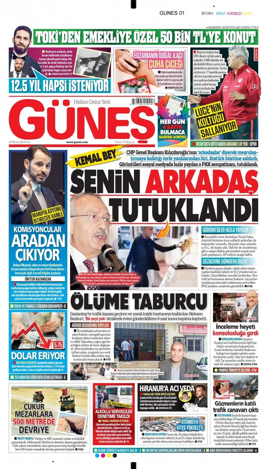 16 Ekim 2018 gazete manşetleri 16