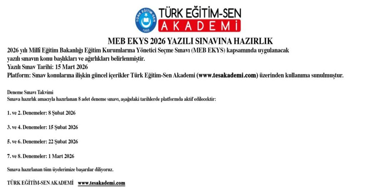 Türk Eğitim-Sen Üyelerine MEB EKYS 2026 Yazılı Sınavına Hazırlık Duyurusu