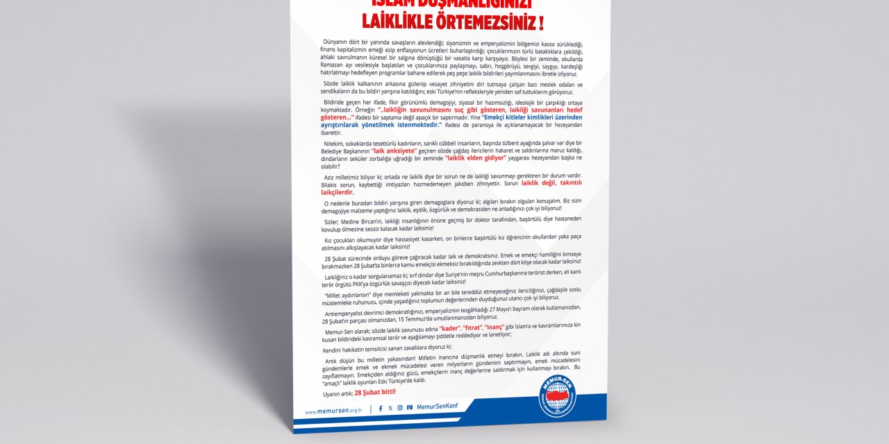 Memur-Sen’den Sert Tepki: “İslam Düşmanlığınızı Laiklikle Örtemezsiniz”