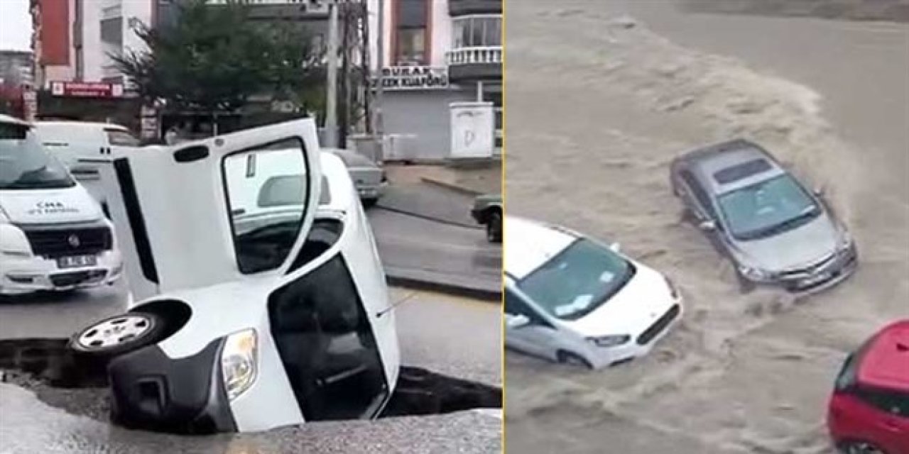 Ankara'da Sağanak Sele Neden Oldu! Çöken Yola Araç Düştü