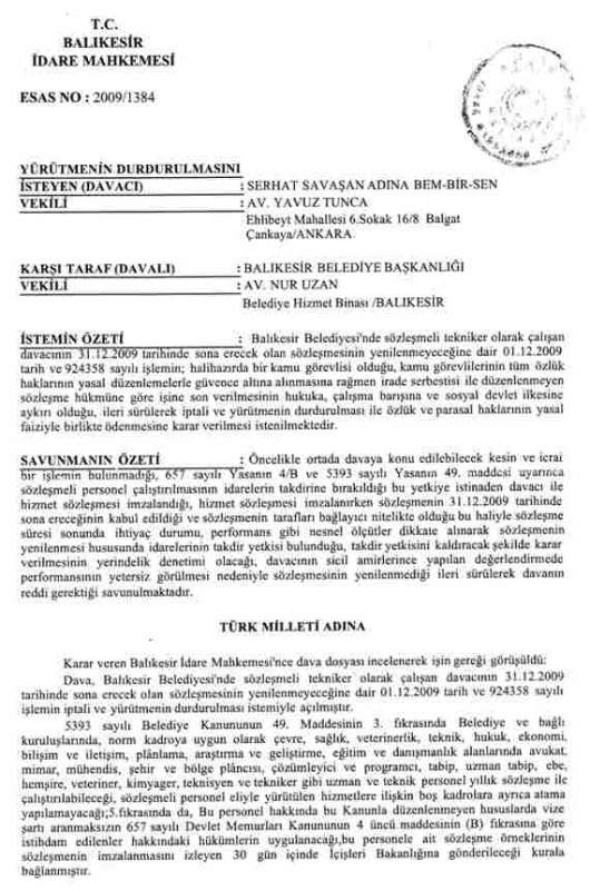 Hizmet sözleşmesi uzatılmayan belediye sözleşmelisi davayı kazandı