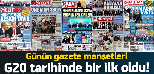 16 Kasım 2015 gazete manşetleri