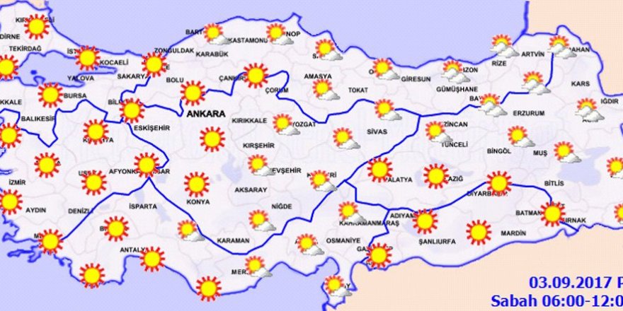 Yurtta hava durumu 03 Eylül 2017