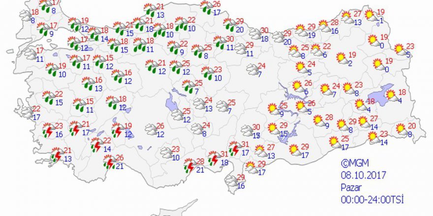 Yurtta hava durumu - 8 Ekim 2017 Pazar
