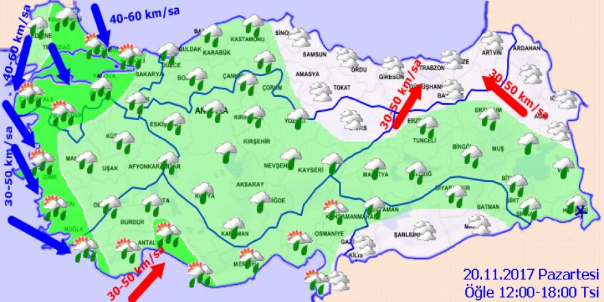 Meteoroloji'den kuvvetli yağış ve rüzgar uyarısı! 20 Kasım 2017