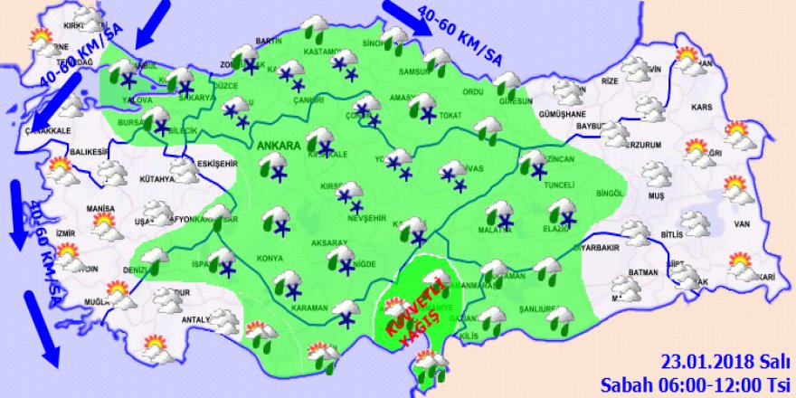 Meteoroloji'den kuvvetli yağış uyarısı!Hava Durumu 23 Ocak 2018 Salı
