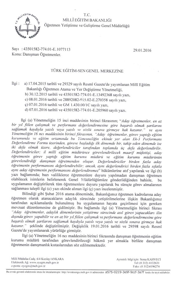 MEB'den Danışman Öğretmenlik Yazısı