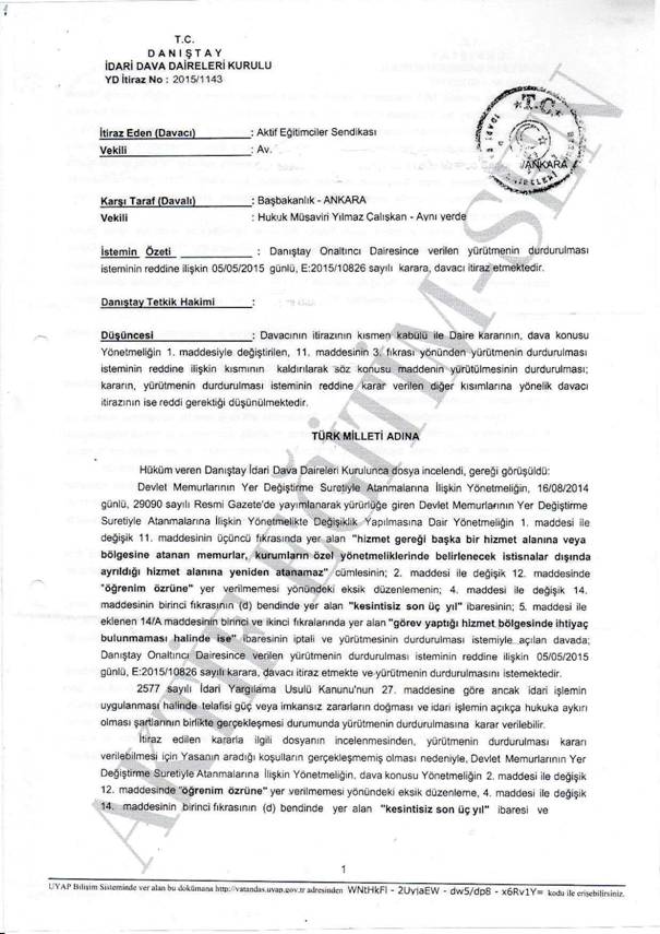 Memurların Yer Değişikliği Yönetmeliğine Şok İptal