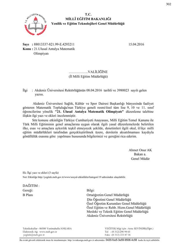 21. Ulusal Antalya Matematik Olimpiyatı MEB Duyurusu