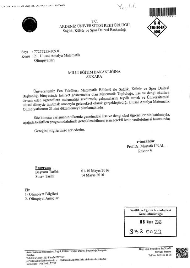 21. Ulusal Antalya Matematik Olimpiyatı MEB Duyurusu