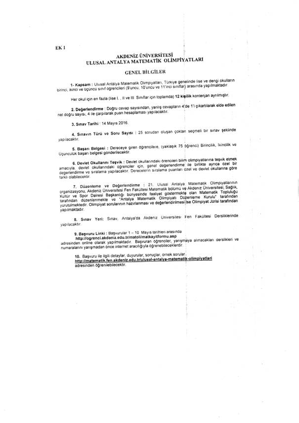 21. Ulusal Antalya Matematik Olimpiyatı MEB Duyurusu